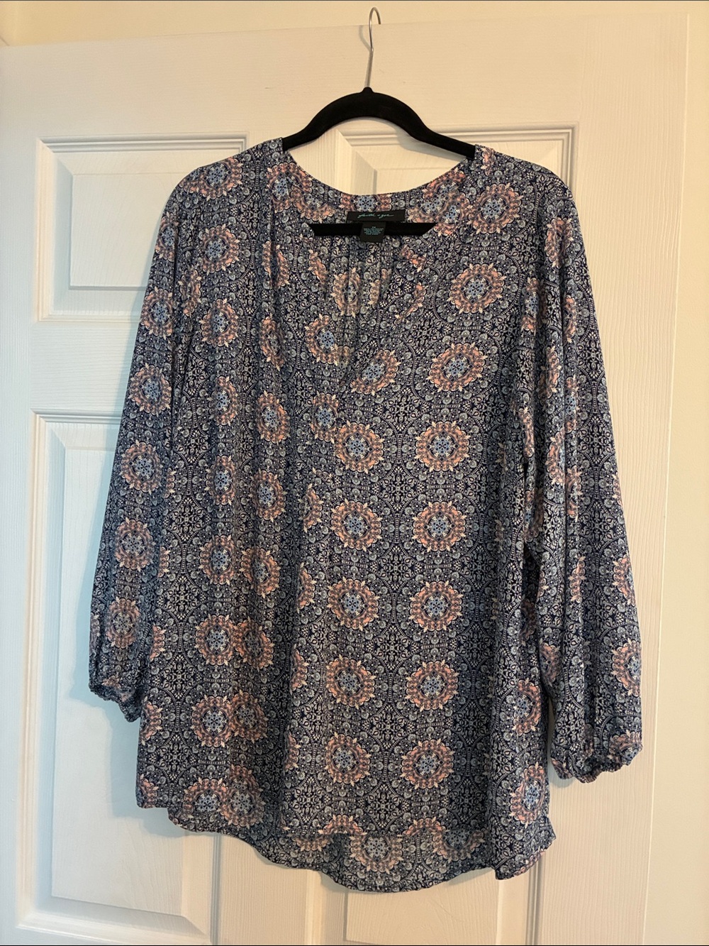 Faith & Zoe Navy Tunic with Pink Medallion Pattern